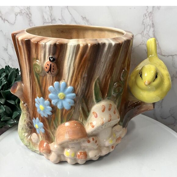 None Other - Vintage ceramic planter forest theme mushrooms birds textured tree stump so cute